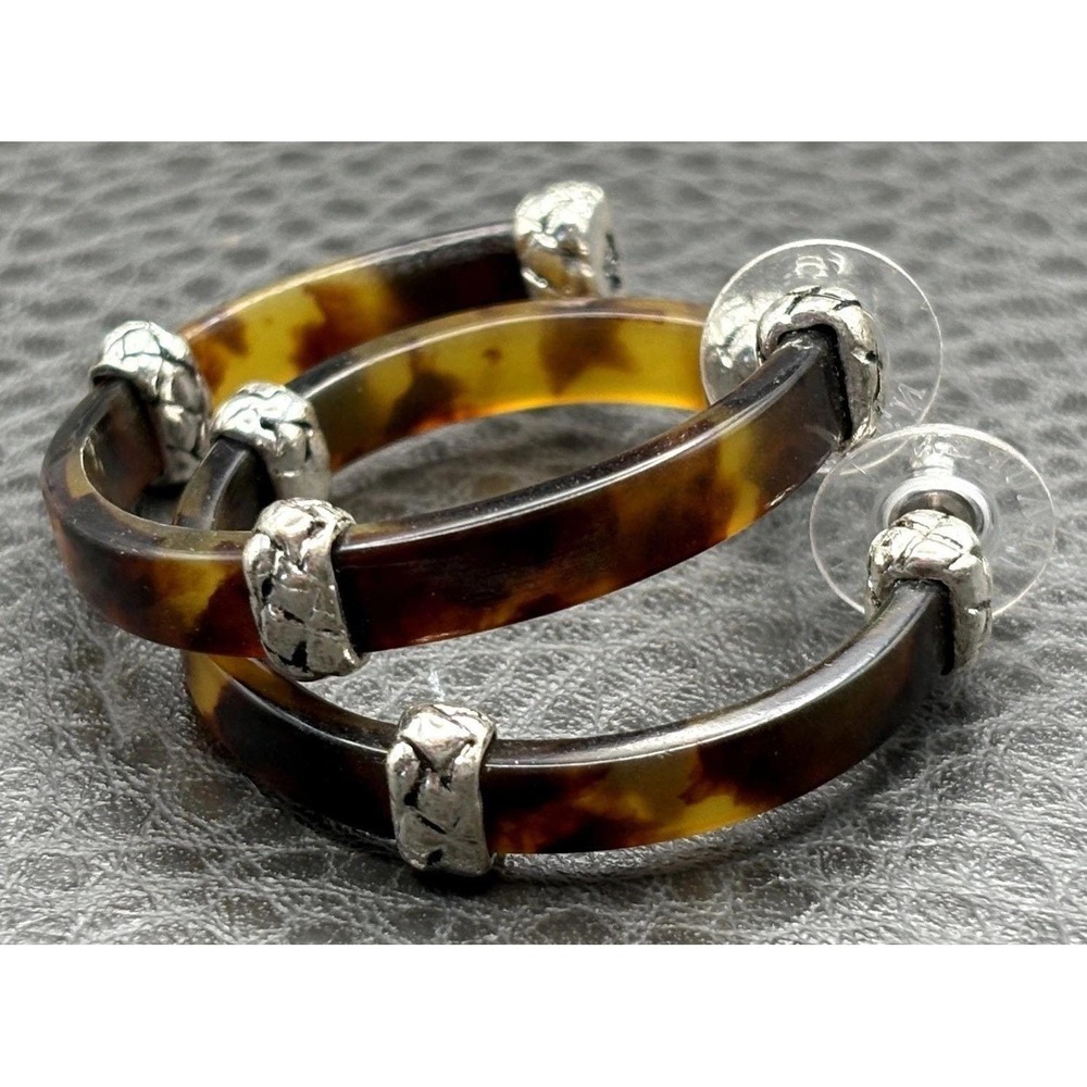 Vintage Ralph Lauren Faux Shell Lucite Silver Tone Hoop Earrings 1.25"